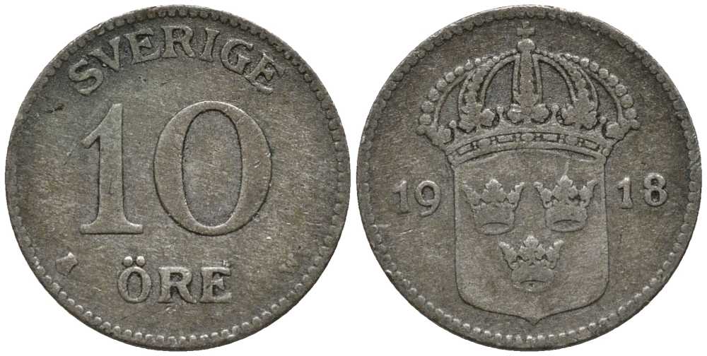 Швеция 10 эре 1918 W, Густав V (1907-1950) КМ 780 серебро 201-1113