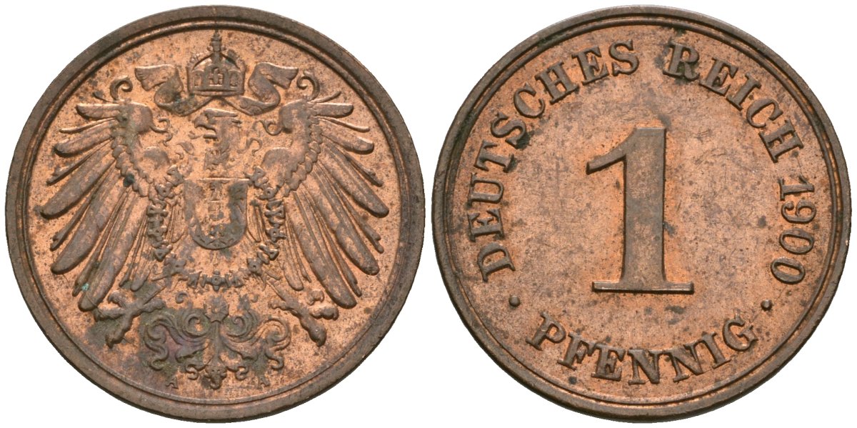 Германия 1 пфенниг 1900 A, Вильгельм II (1888-1918) KM 10, J. 10 медь 4608-565