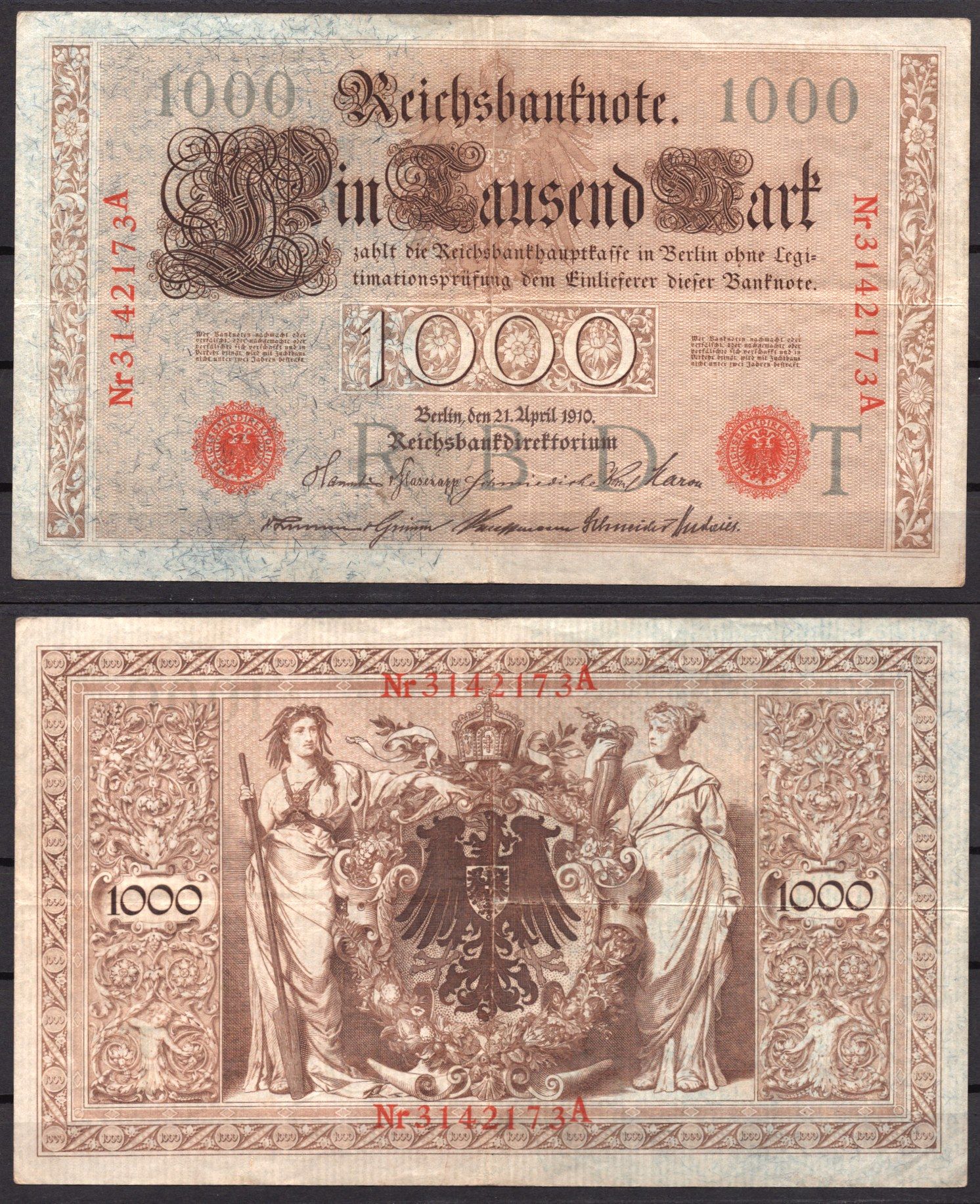 Германия 1000 марок 1910 Берлин, A; аллегорические фигуры («Мореплавание» и «Земледелие»), герб Pick 44 b бумага 7547-82-3-2
