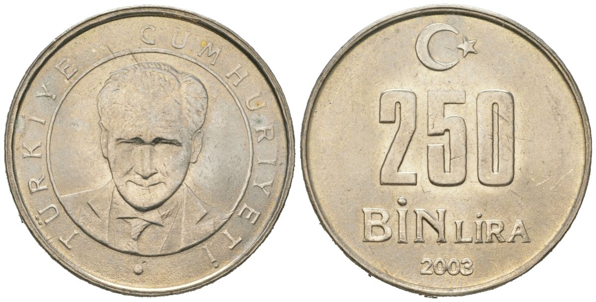 Турция 250000 лир 2003 Мустафа Кемаль Ататюрк KM 1137 медь цинк никель UNC 4619-811