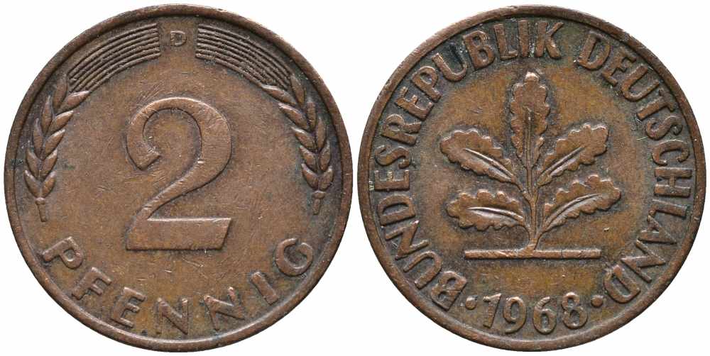 ФРГ 2 ПФЕННИГА 1968 D KM 106а, J. 381а сталь плакированная сталь плакированная медьюю 112-139