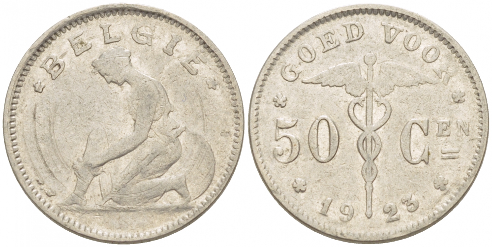 БЕЛЬГИЯ 50 САНТИМОВ 1923 BELGIE KM 88 никель 261-1138