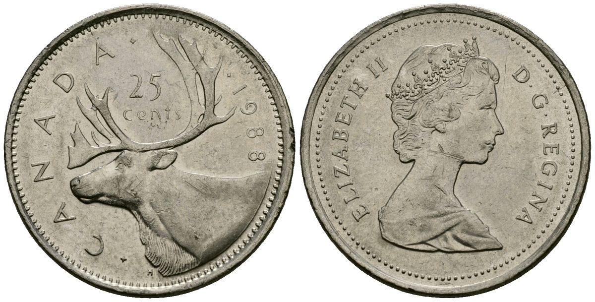 Канада 25 центов 1988 Елизавета II (1953-), олень KM 74 медно-никель 4167-931