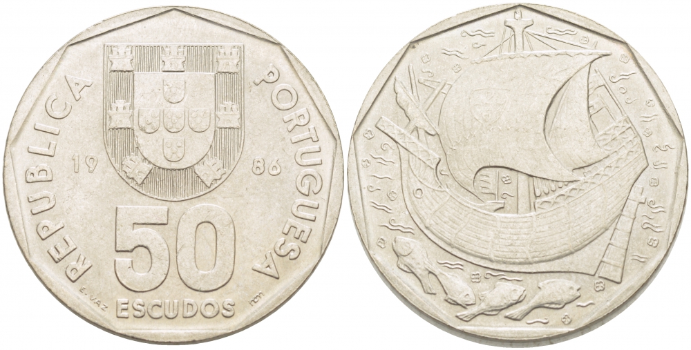 ПОРТУГАЛИЯ 50 ЭСКУДО 1986 ПЕРВЫЙ ГОД KM 636 медно-никель 4403-1045