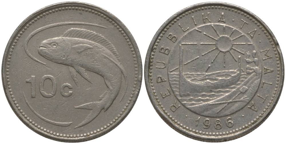 Мальта 10 центов 1986 золотая макрель KM 76 медно-никель 181-157