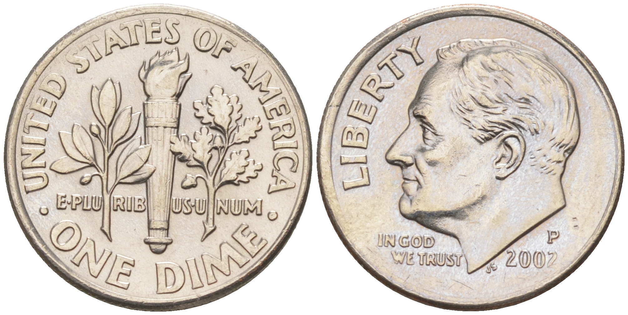 США 10 ЦЕНТОВ = 1 ДАЙМ 2002 P, РУЗВЕЛЬТ KM 195a медь плакированная медно-никелем 188-741