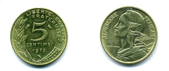 ФРАНЦИЯ 5 САНТИМОВ 1973 ТИП MARIANNE КМ 933 медь алюминий никель 3999-623
