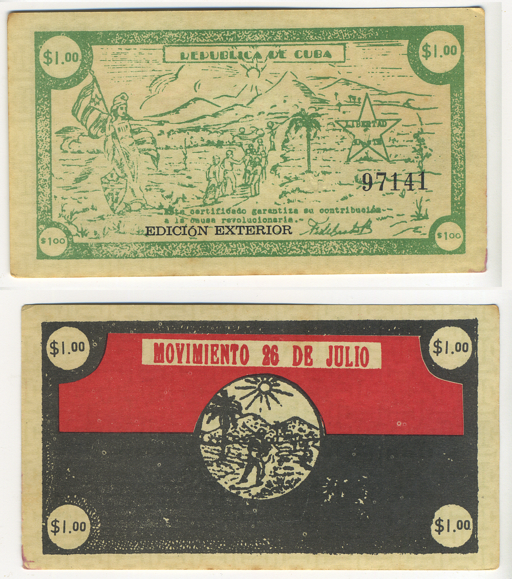 Куба, революционный выпуск 1 песо 1958 нотгельд, движение 28 июля, Кубинская Революция, EDICION EXTERIOR бумага аUNC 00-00-00