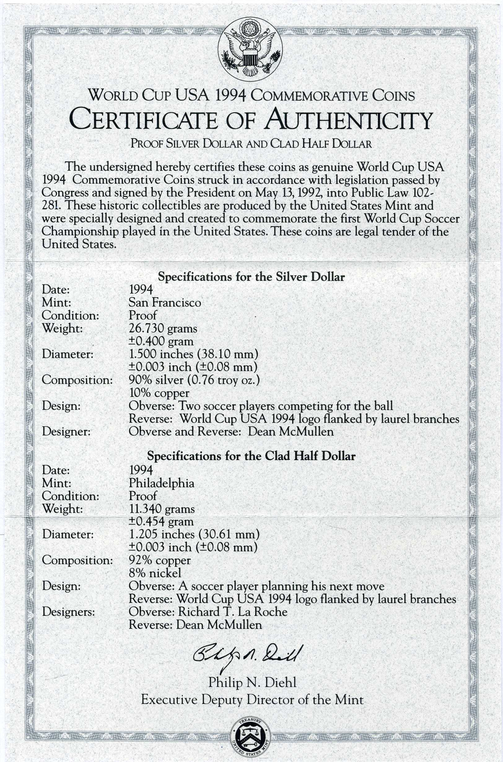 США набор из 2 монет 1994 S, чемпионат мира по футболу в США, 1 доллар и 50 центов, в оригинальной коробке, сертификат KM 246, 247 серебро, медь плакированная медно-никелем PROOF 00-00