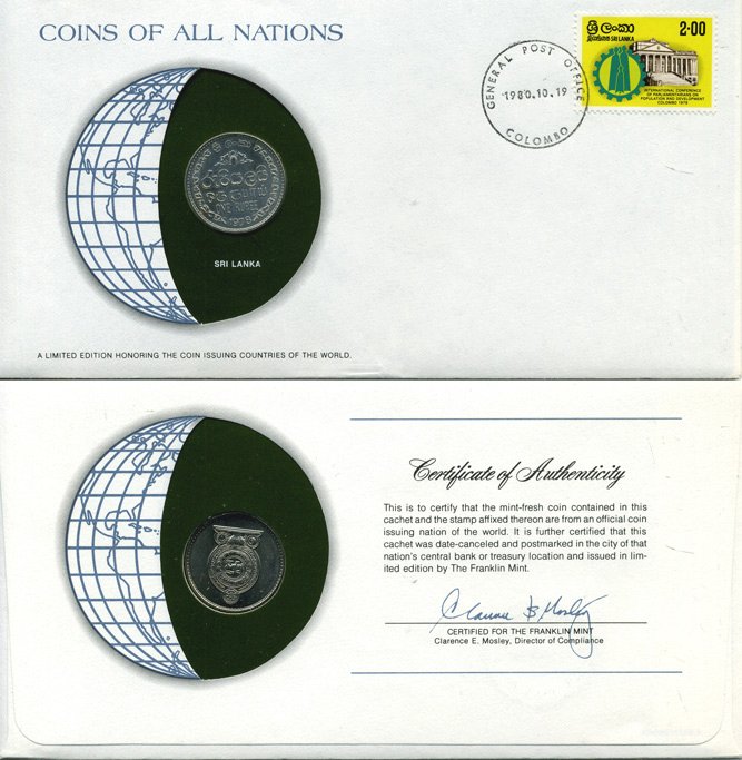 ШРИ ЛАНКА 1 РУПИЯ 1978 монета в конверте с маркой и спецгашением UNC 4294-35-3