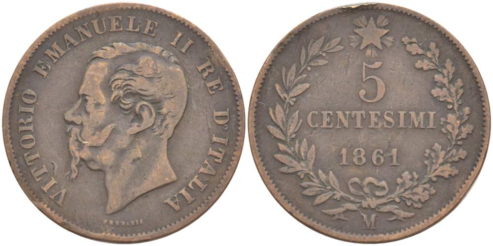 ИТАЛИЯ 5 ЧЕНТЕЗИМО 1861 М, МОНДВОР МИЛАН, ВИКТОР ЭММАНУИЛ II (1861-1878) KM 3.2 медь 4182-1247