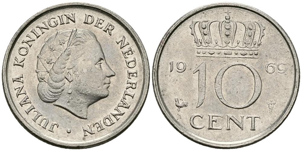 Нидерланды 10 центов 1969 Юлиана (1948-1980) KM 182 никель 96-456