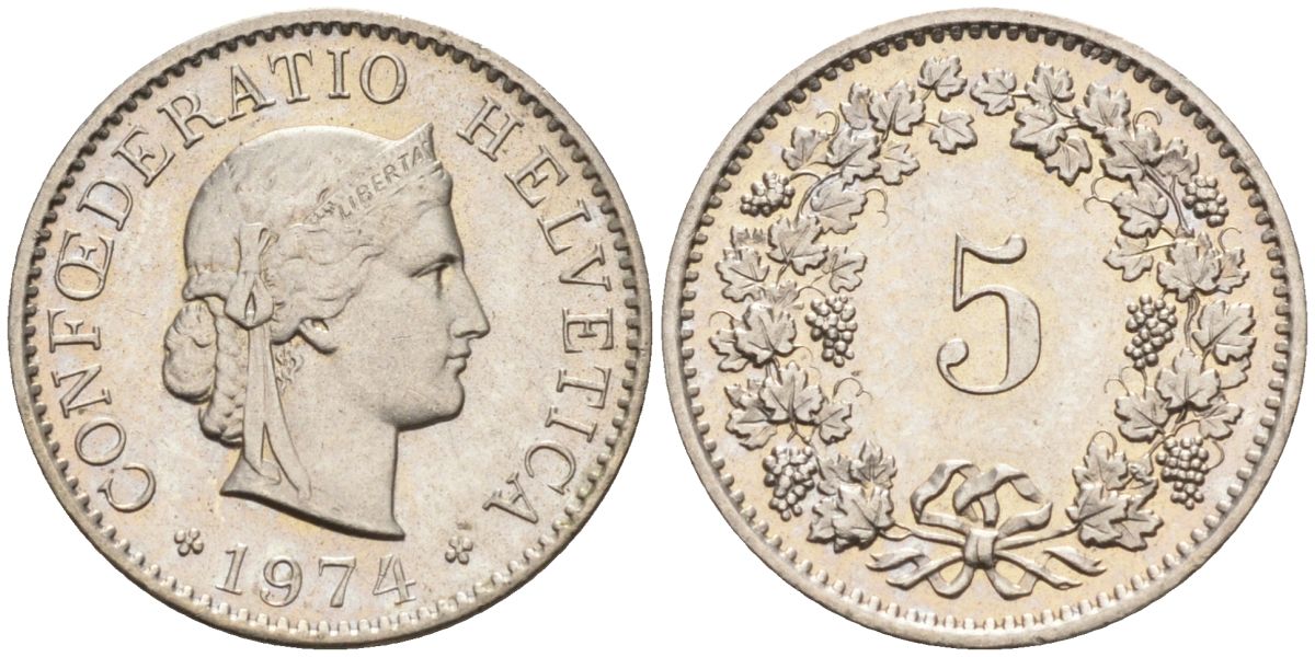 Швейцария 5 раппенов 1974 KM 26 медно-никель 4594-623