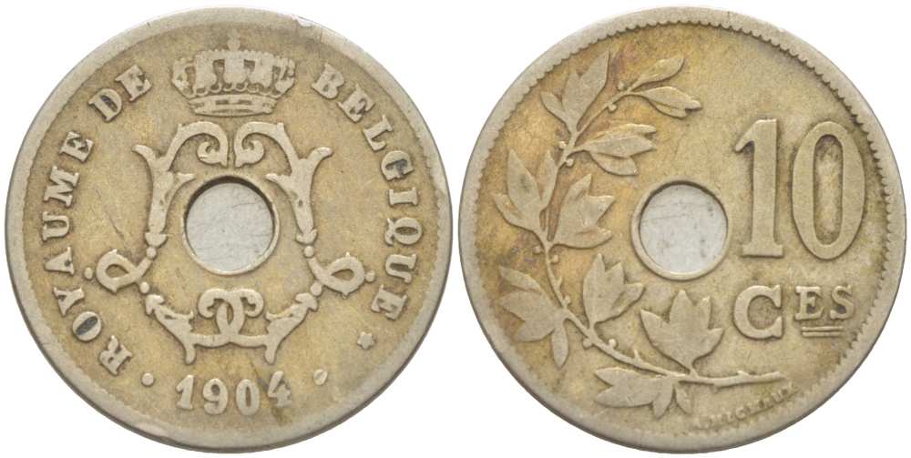 БЕЛЬГИЯ 10 САНТИМОВ 1904 BELGIQUE KM 52 медно-никель 213-445