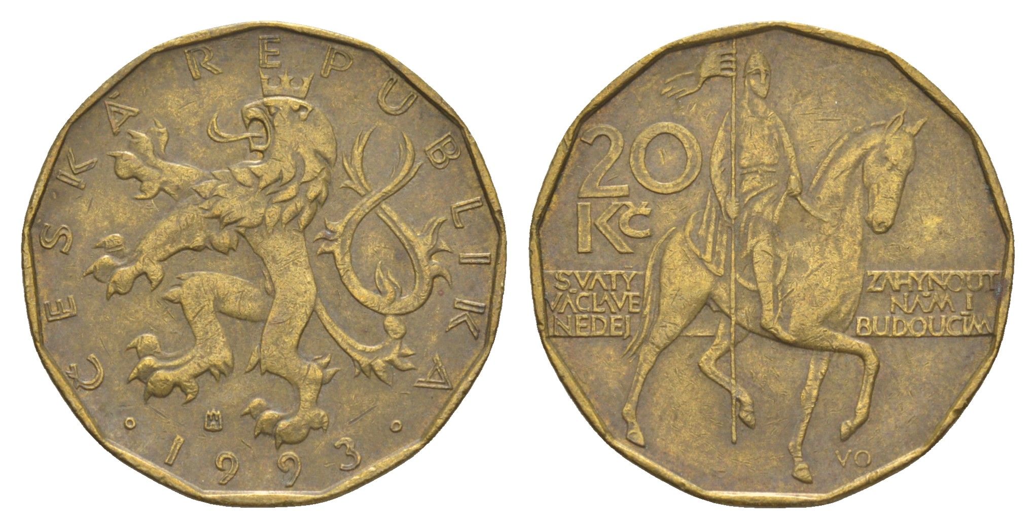 Чехия 20 крон 1993 чешский лев, герцог Вацлав на коне KM 5 сталь плакированная латунью 4633-636