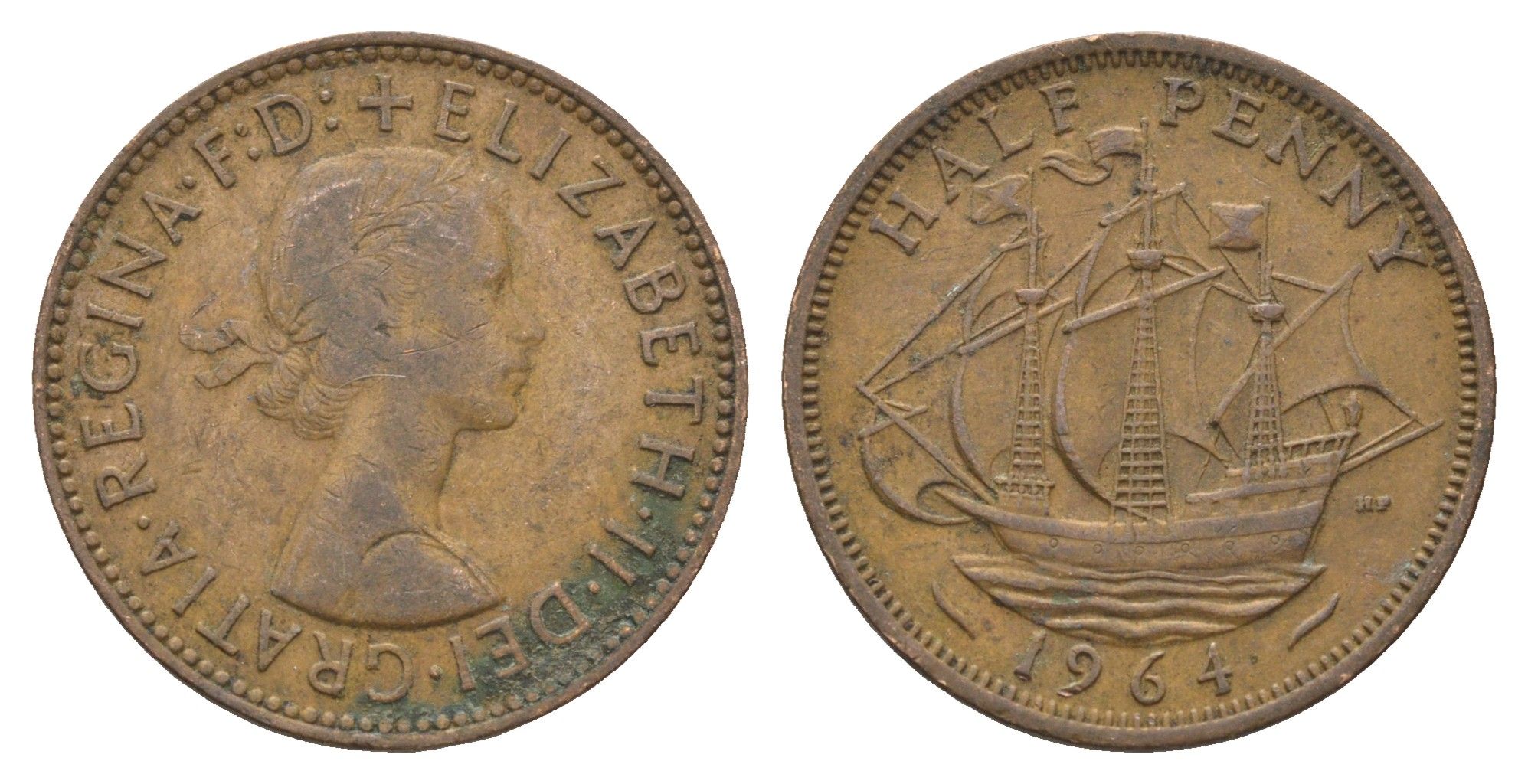 Великобритания 1/2 пенни 1964 Елизавета II (1952-2022) KM 896, Spink 4158 бронза 4662-1225