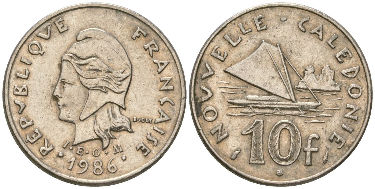 Французская Новая Каледония 10 франков 1986 рыбачья парусная лодка, (IEOM) KM 11, Schoen 13, Lec 95 никель 54-2145
