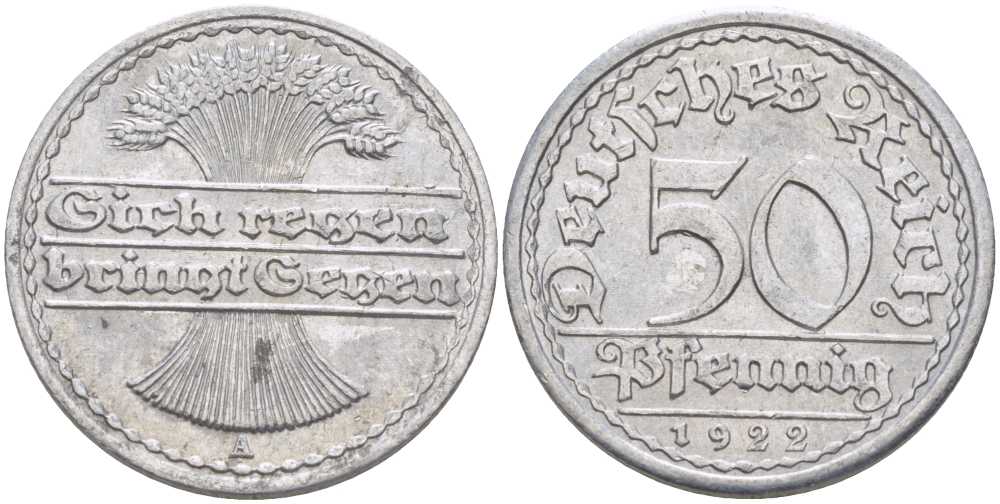 ГЕРМАНИЯ 50 ПФЕННИГОВ 1922 A KM 27, J. 301, Weege 10 алюминий 212-825