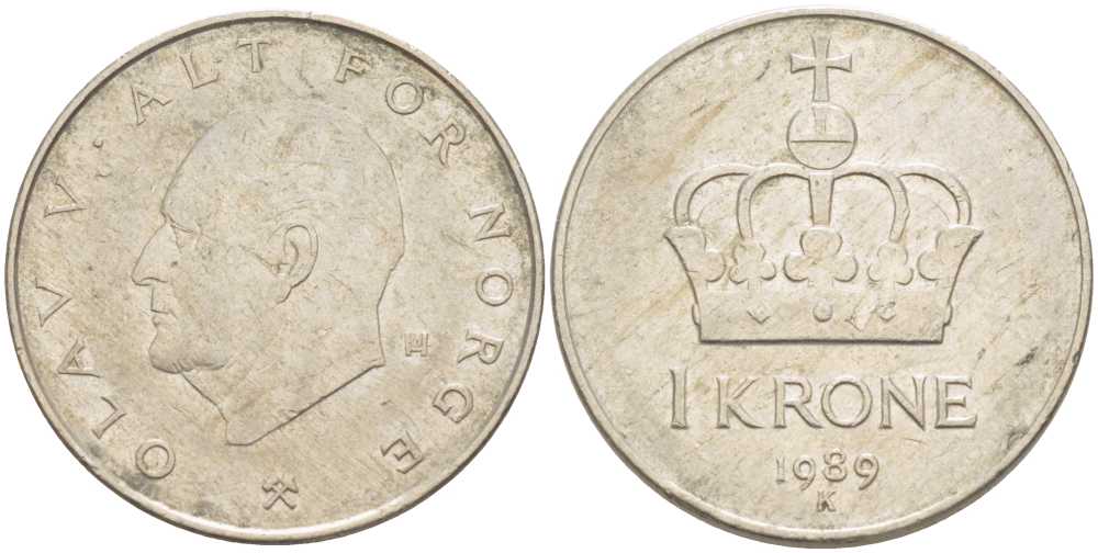 НОРВЕГИЯ 1 КРОНА 1989 УЛАФ V (1957-1991) KM 419 медно-никель 213-716