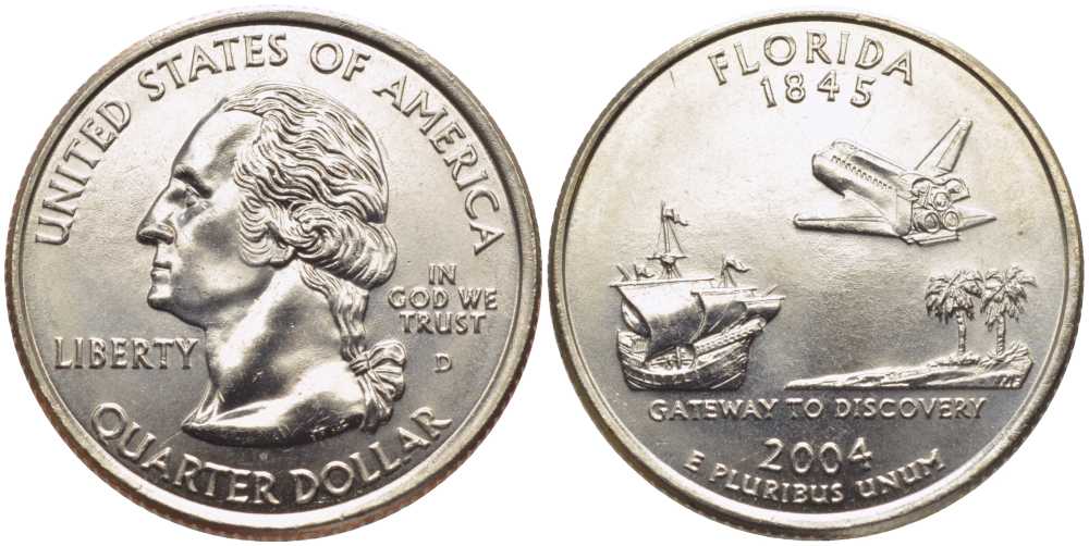 США 25 центов = квотер 2004 D, серия штаты США, Флорида KM 356 медь плакированная медно-никелем UNC M50-04
