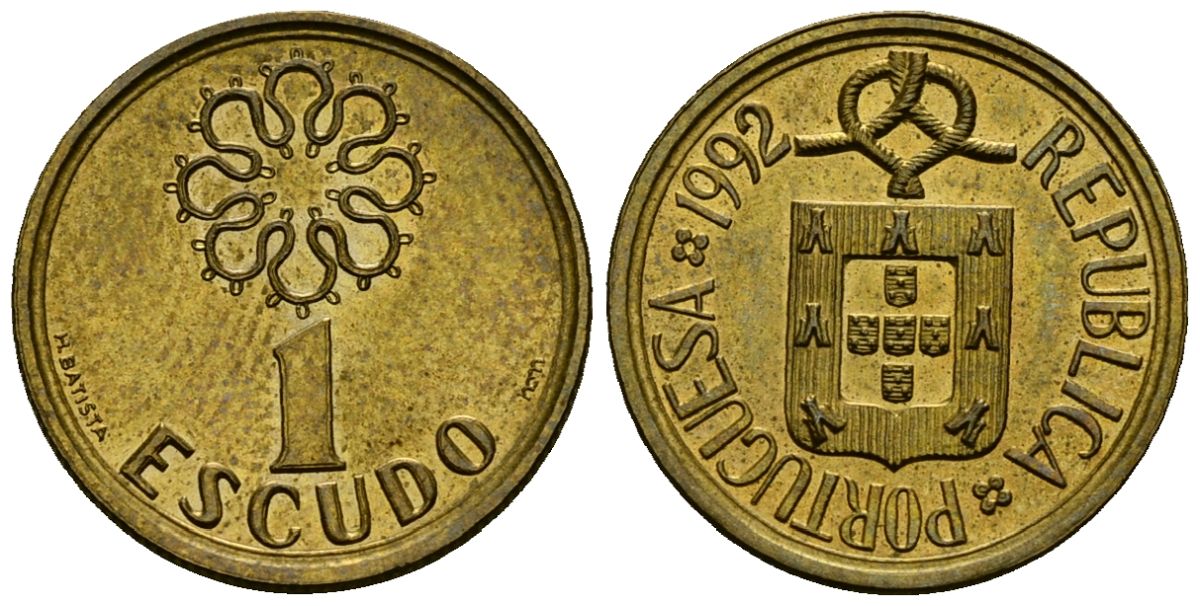 Португалия 1 эскудо 1992 KM 631 никель латунь 4164-1126