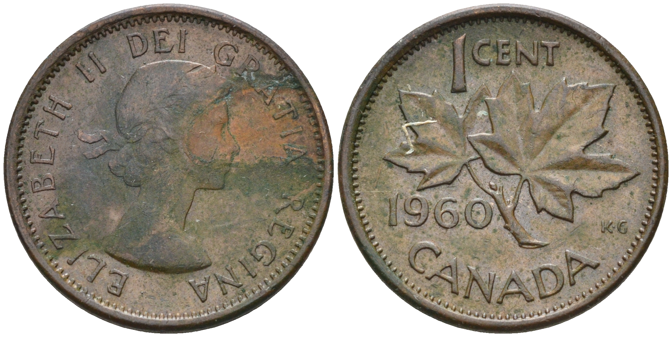 Канада 1 цент 1960 Елизавета II, кленовый лист KM 49 бронза 4115-749