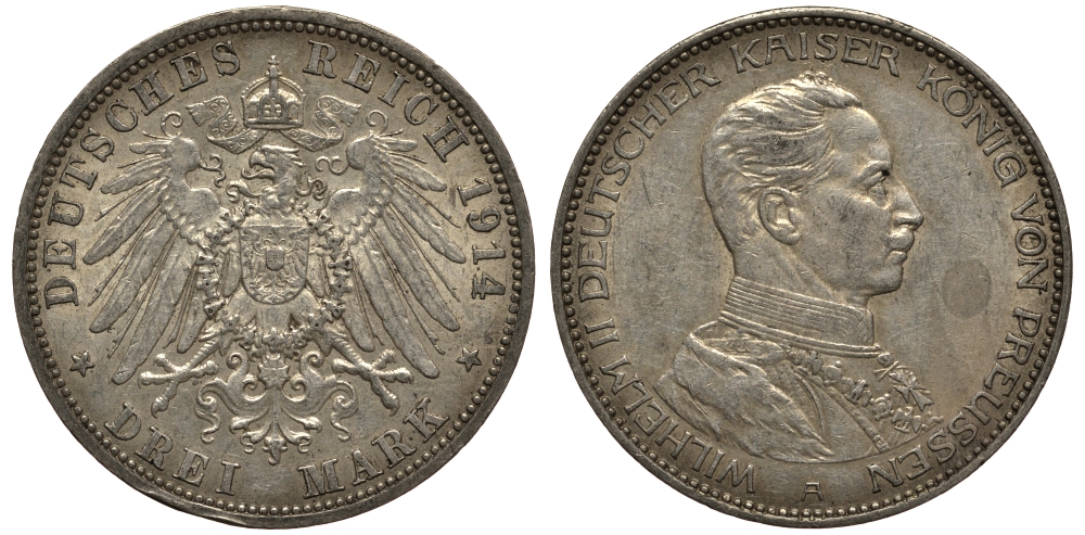 Пруссия 3 марки 1914 Вильгельм II (1888-1918) в мундире KM 538, J.113 серебро 3711-615