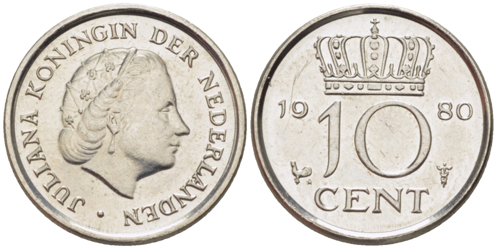 Нидерланды 10 центов 1980 Юлиана (1949-1980) KM 182 никель aUNC 4396-421