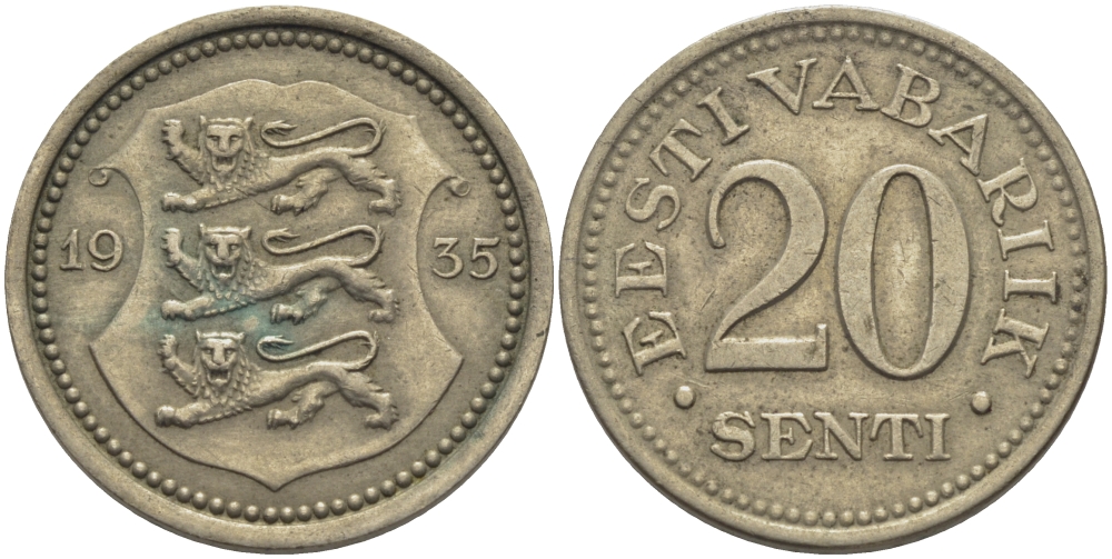 Эстония 20 центов 1935 Республика (1928-1940) KM 17 никель бронза 4610-832