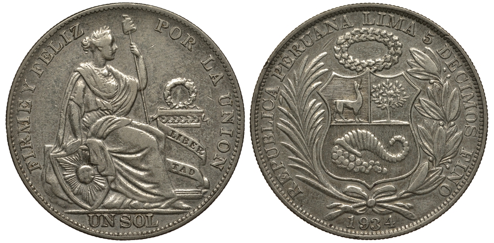 Перу 1 соль 1934 KM 218.2 серебро 272-945