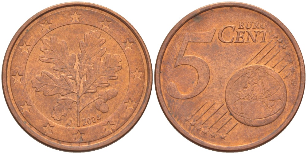ГЕРМАНИЯ 5 ЕВРОЦЕНТОВ 2004 J KM 209 сталь плакированная медью 4543-535