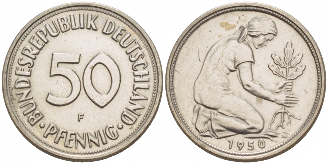 ФРГ 50 ПФЕННИГОВ 1950 F KM 109.1, J. 384 медно-никель 4532-342