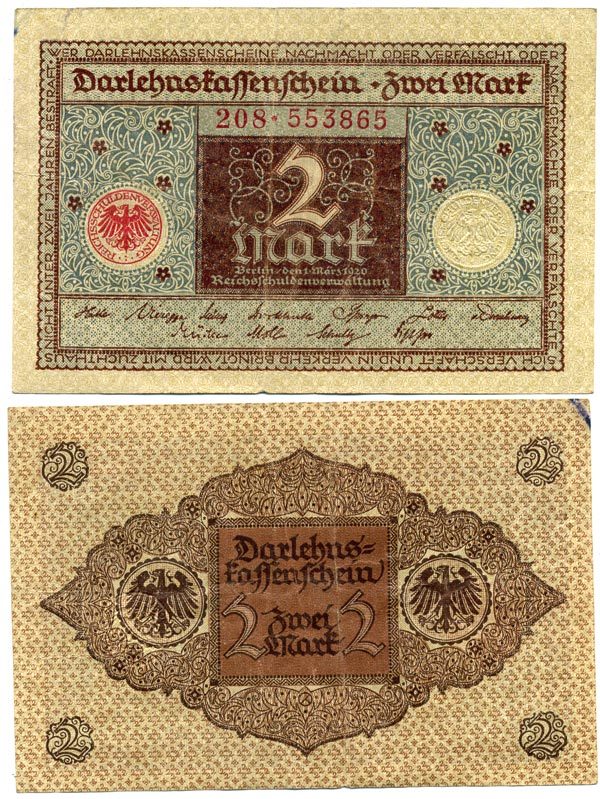 ГЕРМАНИЯ 2 МАРКИ 1920 1 МАРТА 1920, ВЕЙМАРСКАЯ РЕСПУБЛИКА, КОРИЧНЕВАЯ, СЕРИЯ 208 Pick 60, Rosenberg 65a бумага 7547-47-2