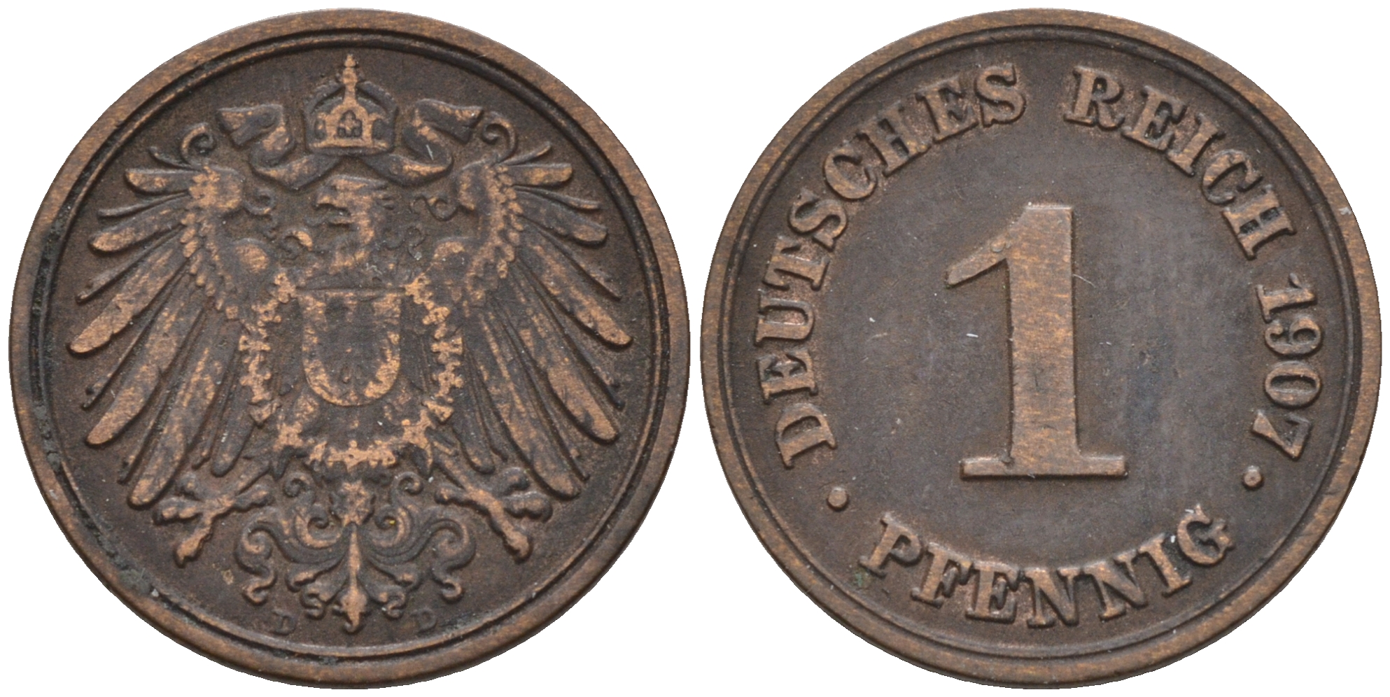 Германия 1 пфенниг 1907 D KM 10, J. 10 медь 4594-1247