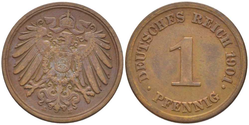 ГЕРМАНИЯ 1 ПФЕННИГ 1901 E KM 10, J. 10, Weege 2 медь 211-259