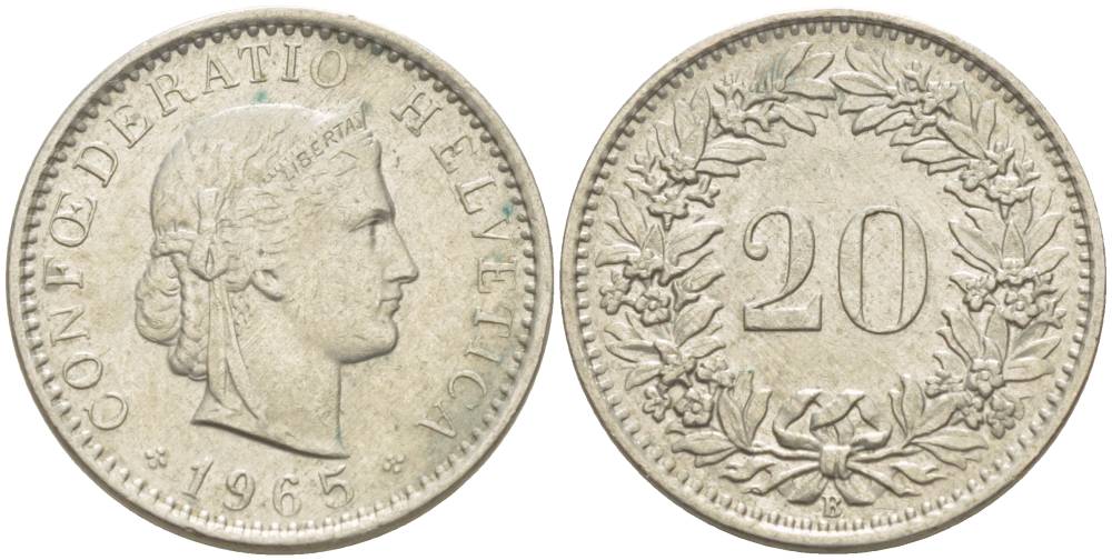 ШВЕЙЦАРИЯ 20 РАППЕНОВ 1965 В KM 29а медно-никель 4511-933