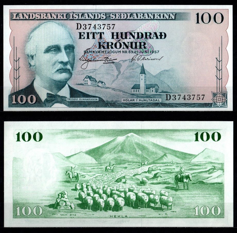 Исландия 100 крон 1957 Триггви Гуннарссон, вулкан Гекла Pick 40 a бумага UNC (пресс) 2198-27-3-1
