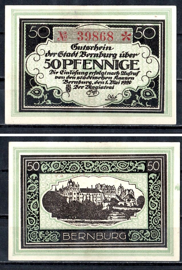 Бернбург (Анхальт) 50 пфеннигов 1920 Mehl Grabowski B32.2c бумага UNC (пресс) 7556-49-2-2