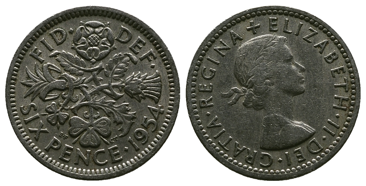 Великобритания 6 пенсов 1954 Елизавета II (1952-2022) KM 903, Spink 4149 медно-никель 4381-641