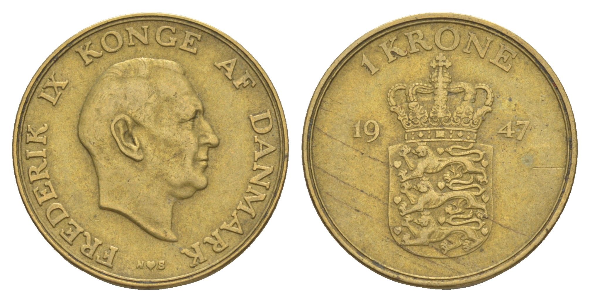 Дания 1 крона 1947 N, Фредерик IX (1947-1972) KM 837 алюминиевая бронза 4638-711