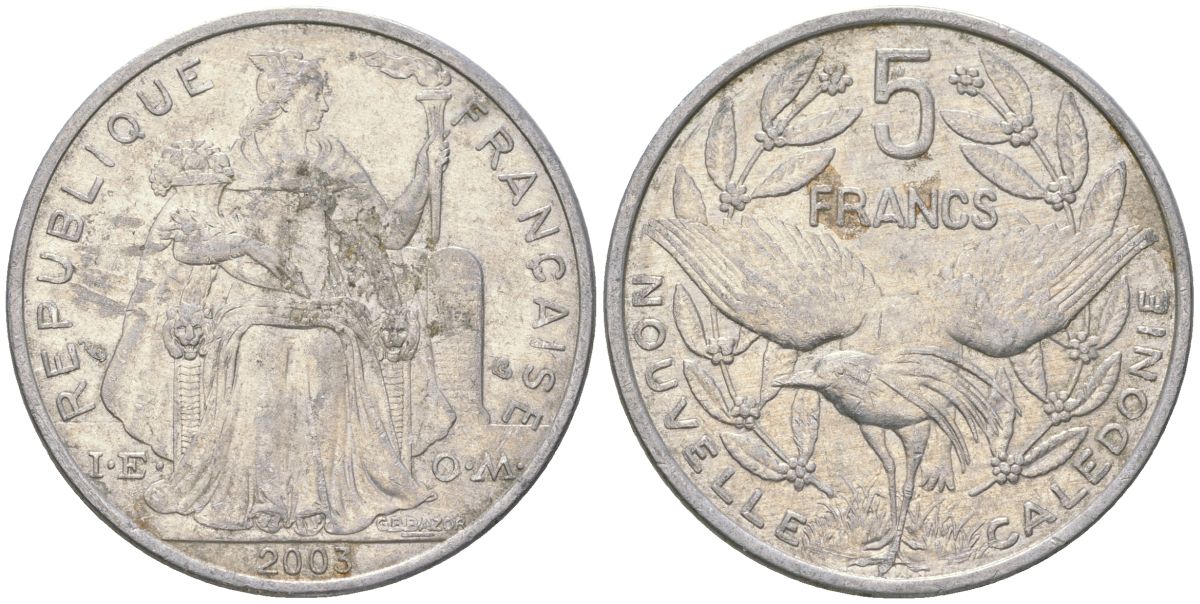 Французская Новая Каледония 5 франков 2003 птица кагу, (IEOM) KM 16, Schoen 12, Lec 81h алюминий 189-711