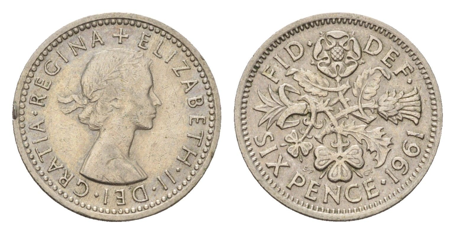 Великобритания 6 пенсов 1961 Елизавета II (1952-2022) KM 903, Spink 4149 медно-никель 100-913