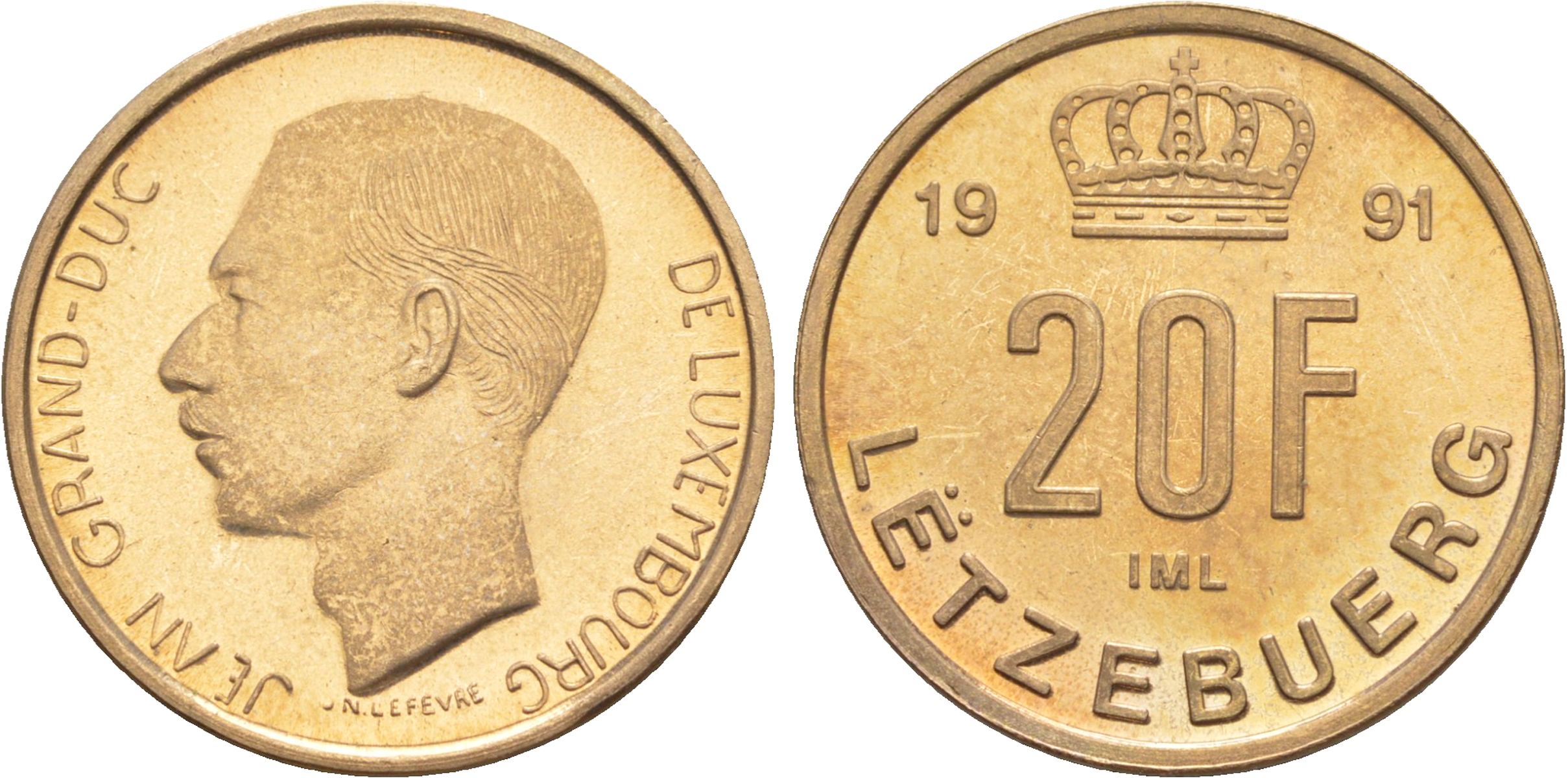 Люксембург 20 франков 1991 Великий герцог Жан (1964-2000), тираж 10.000 экземпляров KM 67 алюминиевая бронза  BU  4634-214