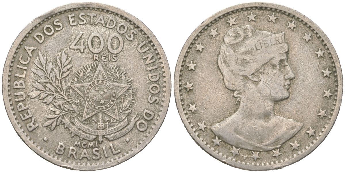 Бразилия 400 реалов 1901 MCMI, голова свободы вправо KM 505 медно-никель 4612-417