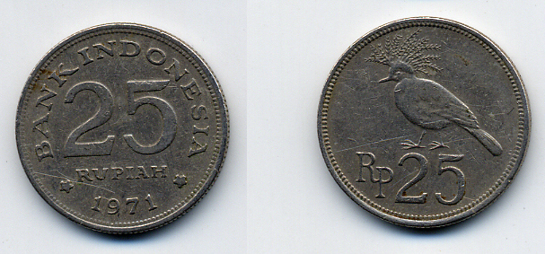 Индонезия 25 рупий 1971 венценосный голубь KM 34 медно-никель 54-1645
