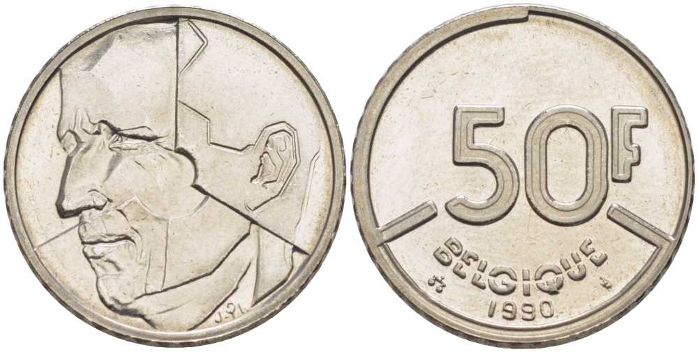 БЕЛЬГИЯ 50 ФРАНКОВ 1990 BELGIQUE, БОДУЭН I (1951-1993) KM 168 никель 210-945