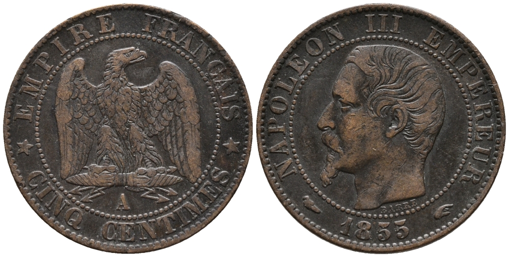 ФРАНЦИЯ 5 САНТИМОВ 1855 А, НАПОЛЕОН III (1852-1870) KM 777.1, LA FRANC 116.16 бронза 34-1155