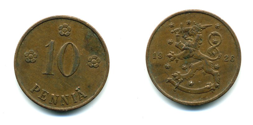 Финляндия 10 пенни 1926 республика (1918-1962) KM 24 медь 46-1536
