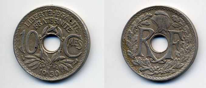 ФРАНЦИЯ 10 САНТИМОВ 1930 ТИП ЛИНДАЙЁ KM 866a медно-никель 4383-1014