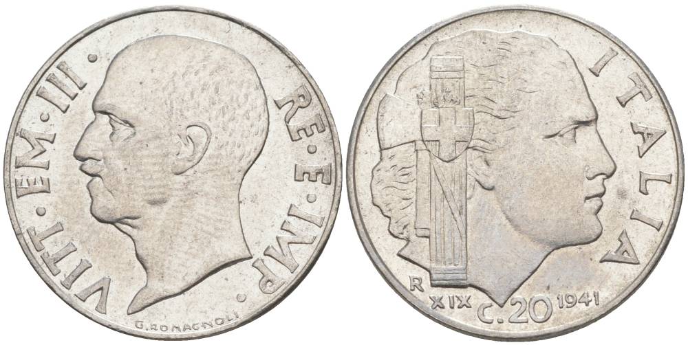ИТАЛИЯ 20 ЧЕНТЕЗИМО 1941 R, ГОД XIX, ВИКТОР ЭММАНУИЛ III (1900-1946) KM 75b, VEM3. 1028 нержавеющая сталь 3853-1142